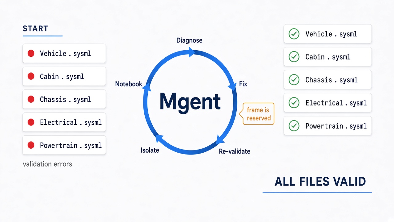 How Mgent Debugged Five Broken SysML Models on Its Own